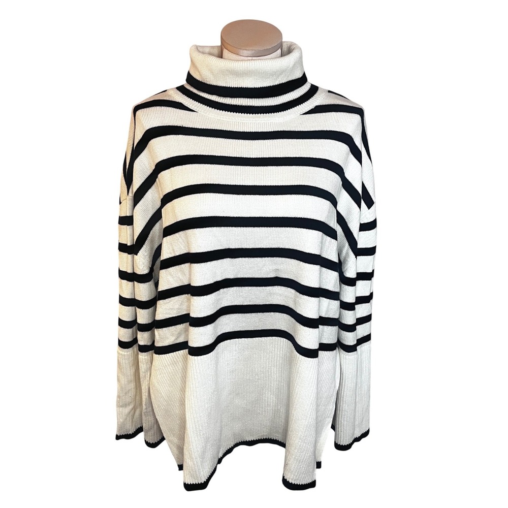 LILLUSORY Womens Striped Turtleneck Sweater Oversized‎ Large Fishermen Nautical